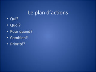 Le plan d’actions Qui? Quoi? Pour quand? Combien? Priorité? 