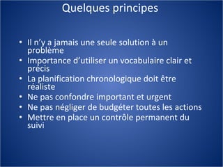 Quelques principes  Il n’y a jamais une seule solution à un problème Importance d’utiliser un vocabulaire clair et précis La planification chronologique doit être réaliste Ne pas confondre important et urgent Ne pas négliger de budgéter toutes les actions  Mettre en place un contrôle permanent du suivi 