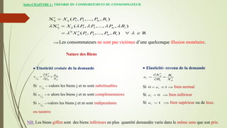 Suite-CHAPITRE I : THEORIE DU COMPORTEMENT DU CONSOMMATEUR
Les consommateurs ne sont pas victimes d’une quelconque illusion monétaire.
ij 1 2
ij 1 2
0
1 2
X ( , ,..., , )
X ( , ,..., , )
( , ,..., , ) R
ij m i
ij m i
ij m i
X P P P R
X P P P R
X P P P R
    
  





 

Nature des Biens
 Elasticité croisée de la demande
Si alors les biens j et m sont substituables
Si alors les biens j et m sont complémentaires
Si alors les biens j et m sont indépendants
ou neutres
*
*
ij m
j
m m ij
X p
e
p X

 

0
j
m
e 
0
j
m
e 
0
j
m
e 
 Elasticité- revenu de la demande
Si bien normal
Si bien inférieur
Si bien supérieur ou de luxe.
*
*
ij i
r
i ij
X R
e
R X

 

0 1
r
e
  
0
r
e  
1
r
e  
NB: Les biens giffen sont des biens inférieurs en plus quantité demandée varie dans le même sens que son prix
 