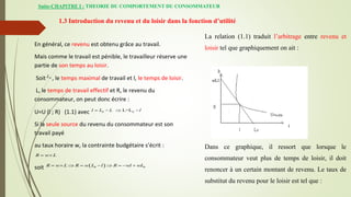 Suite-CHAPITRE I : THEORIE DU COMPORTEMENT DU CONSOMMATEUR
1.3 Introduction du revenu et du loisir dans la fonction d’utilité
En général, ce revenu est obtenu grâce au travail.
Mais comme le travail est pénible, le travailleur réserve une
partie de son temps au loisir.
Soit 0
L
, le temps maximal de travail et l, le temps de loisir.
L, le temps de travail effectif et R, le revenu du
consommateur, on peut donc écrire :
U=U (l ; R) (1.1) avec 0 0
L=L
l L L l
   
Si la seule source du revenu du consommateur est son
travail payé
au taux horaire w, la contrainte budgétaire s’écrit :
R w L
 
soit  
0 0
R w L R w L l R wl wL
        
La relation (1.1) traduit l’arbitrage entre revenu et
loisir tel que graphiquement on ait :
Dans ce graphique, il ressort que lorsque le
consommateur veut plus de temps de loisir, il doit
renoncer à un certain montant de revenu. Le taux de
substitut du revenu pour le loisir est tel que :
 