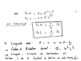 Exercice 4
Cette équation représente l’isoquante associée au niveau d’output Q0 = 2
Prenons 3 points :
a : si L=1 ; K=1
b ...