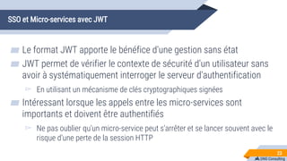 DNG Consulting
SSO et Micro-services avec JWT
▰ Le format JWT apporte le bénéfice d'une gestion sans état
▰ JWT permet de ...