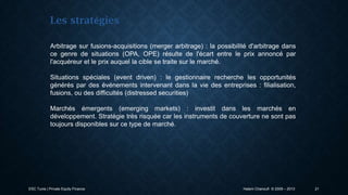Les stratégies
Arbitrage sur fusions-acquisitions (merger arbitrage) : la possibilité d'arbitrage dans
ce genre de situations (OPA, OPE) résulte de l'écart entre le prix annoncé par
l'acquéreur et le prix auquel la cible se traite sur le marché.

Situations spéciales (event driven) : le gestionnaire recherche les opportunités
générés par des événements intervenant dans la vie des entreprises : filialisation,
fusions, ou des difficultés (distressed securities)
Marchés émergents (emerging markets) : investit dans les marchés en
développement. Stratégie très risquée car les instruments de couverture ne sont pas
toujours disponibles sur ce type de marché.

ESC Tunis | Private Equity Finance

Hatem Chanoufi © 2009 – 2013

21

 