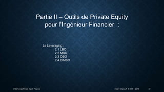 Partie II – Outils de Private Equity
pour l’Ingénieur Financier :

Le Leveraging :
2.1 LBO
2.2 MBO
2.3 OBO
2.4 BIMBO

ESC Tunis | Private Equity Finance

Hatem Chanoufi © 2009 – 2013

22

 