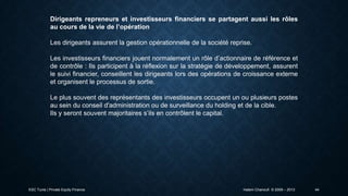 Dirigeants repreneurs et investisseurs financiers se partagent aussi les rôles
au cours de la vie de l’opération
Les dirigeants assurent la gestion opérationnelle de la société reprise.
Les investisseurs financiers jouent normalement un rôle d’actionnaire de référence et
de contrôle : Ils participent à la réflexion sur la stratégie de développement, assurent
le suivi financier, conseillent les dirigeants lors des opérations de croissance externe
et organisent le processus de sortie.
Le plus souvent des représentants des investisseurs occupent un ou plusieurs postes
au sein du conseil d'administration ou de surveillance du holding et de la cible.
Ils y seront souvent majoritaires s’ils en contrôlent le capital.

ESC Tunis | Private Equity Finance

Hatem Chanoufi © 2009 – 2013

44

 