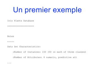 Un premier exemple
Iris Plants Database
====================
Notes
Data Set Characteristics:
:Number of Instances: 150 (50 in each of three classes)
:Number of Attributes: 4 numeric, predictive att
...
 