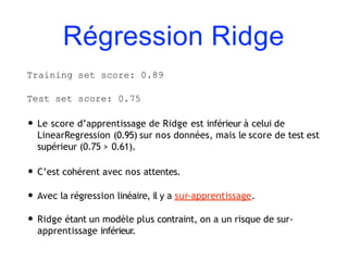 Régression Ridge
Training set score: 0.89
Test set score: 0.75
• Le score d’apprentissage de Ridge est inférieur à celui de
LinearRegression (0.95) sur nos données, mais le score de test est
supérieur (0.75 > 0.61).
• C’est cohérent avec nos attentes.
• Avec la régression linéaire, il y a sur-apprentissage.
• Ridge étant un modèle plus contraint, on a un risque de sur-
apprentissage inférieur.
 