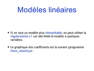 Modèles linéaires
• Si on veut un modèle plus interprétable, on peut utiliser la
régularisation L1 car elle limite le modèle à quelques
variables.
• Le graphique des coeﬃcients est le suivant (programme
linear_classif.py) :
 