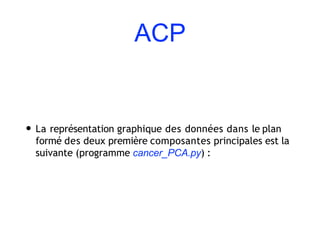 ACP
• La représentation graphique des données dans le plan
formé des deux première composantes principales est la
suivante (programme cancer_PCA.py) :
 