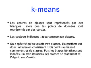 k-means
• Les centres de classes sont représentés par des
triangles alors que les points de données sont
représentés par des cercles.
• Les couleurs indiquent l’appartenance aux classes.
• On a spécifié qu’on voulait trois classes. L’algorithme est
donc initialisé en choisissant trois points au hasard
comme entres de classes. Puis les étapes itératives sont
lancées. En trois itérations, les classes se stabilisent et
l’algorithme s’arrête.
 