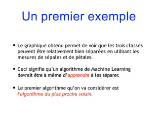 Un premier exemple
• Le graphique obtenu permet de voir que les trois classes
peuvent être relativement bien séparées en utilisant les
mesures de sépales et de pétales.
• Ceci signifie qu’un algorithme de Machine Learning
devrait être à même d’apprendre à les séparer.
• Le premier algorithme qu’on va considérer est
l’algorithme du plus proche voisin.
 
