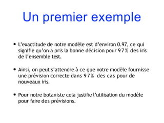 Un premier exemple
• L’exactitude de notre modèle est d’environ 0.97, ce qui
signifie qu’on a pris la bonne décision pour 9 7 % des iris
de l’ensemble test.
• Ainsi, on peut s’attendre à ce que notre modèle fournisse
une prévision correcte dans 9 7 % des cas pour de
nouveaux iris.
• Pour notre botaniste cela justifie l’utilisation du modèle
pour faire des prévisions.
 