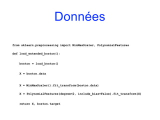 Données
from sklearn.preprocessing import MinMaxScaler, PolynomialFeatures
def load_extended_boston():
boston = load_boston()
X = boston.data
X = MinMaxScaler().fit_transform(boston.data)
X = PolynomialFeatures(degree=2, include_bias=False).fit_transform(X)
return X, boston.target
 