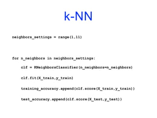 k-NN
neighbors_settings = range(1,11)
for n_neighbors in neighbors_settings:
clf = KNeighborsClassifier(n_neighbors=n_neighbors)
clf.fit(X_train,y_train)
training_accuracy.append(clf.score(X_train,y_train))
test_accuracy.append(clf.score(X_test,y_test))
 