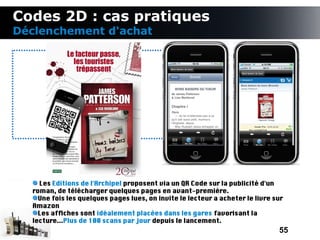 Codes 2D : cas pratiques
Déclenchement d'achat




    Les Editions de l'Archipel proposent via un QR Code sur la publicité d'un
  roman, de télécharger quelques pages en avant-première.
    Une fois les quelques pages lues, on invite le lecteur a acheter le livre sur
  Amazon
    Les affches sont idéalement placées dans les gares favorisant la
  lecture...Plus de 100 scans par jour depuis le lancement.
                                                                               55
 
