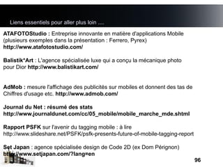 Liens essentiels pour aller plus loin ....

ATAFOTOStudio : Entreprise innovante en matière d'applications Mobile
(plusieurs exemples dans la présentation : Ferrero, Pyrex)
http://www.atafotostudio.com/

Balistik*Art : L'agence spécialisée luxe qui a conçu la mécanique photo
pour Dior http://www.balistikart.com/


AdMob : mesure l'affichage des publicités sur mobiles et donnent des tas de
Chiffres d'usage etc. http://www.admob.com/

Journal du Net : résumé des stats
http://www.journaldunet.com/cc/05_mobile/mobile_marche_mde.shtml

Rapport PSFK sur l'avenir du tagging mobile : à lire
http://www.slideshare.net/PSFK/psfk-presents-future-of-mobile-tagging-report

Set Japan : agence spécialisée design de Code 2D (ex Dom Pérignon)
http://www.setjapan.com/?lang=en
                                                                               96
 