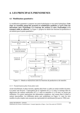 ANJOU RECHERCHE - ENGEES
Modélisation des réseaux d’assainissement : Concepts-Approches et Etapes : Cours 3ème année de l’ENGEES
19
4. LES PRINCIPAUX PHENOMENES
4.1 Modélisation quantitative
La modélisation quantitative comporte une partie hydrologique et une partie hydraulique. Cette
étape est essentielle puisqu’elle permettra la modélisation qualitative et qu’il existe des
interactions entre l’hydrologie et le lessivage des surfaces et entre l’hydraulique et le
transport solide en collecteur. La Figure 11 propose les détails des fonctions de production et
de transfert pour la partie quantitative.
Pluie
Interception par la végétation Evaporation
Evapotranspiration
Ruissellement vers des
zones non drainées
Eau parvenant à la surface
du sol
Evaporation
Ruissellement en surface
Stockage dans les
dépressions du sol
Infiltration Infiltration
profonde
Ecoulement
hypodermique
Ruissellement vers le
réseau
Eau arrivant au réseau
Pluviométrie
Fonction de
production
Fonction de
transfert
Figure 11 : Détails et interactions entre les fonctions de production et de transfert.
4.1.1 Transformation pluie brute-pluie nette
Avant ruissellement, la pluie mesurée, appelée pluie brute va subir un certain nombre de pertes.
Ces pertes sont diverses : l’interception par la végétation (0.2 à 1.5 mm), le stockage dans les
dépressions des surfaces artificielles (0.2 à 3 mm) ou naturelles (3 à 30 mm), ou encore par
infiltration. Ces pertes représentent des phénomènes complexes, mal connus dans le détail et
surtout inaccessibles. Les différentes pertes sont synthétisées en Figure 11, mais les trois
modèles les plus simples mais assurant une représentativité satisfaisante [Jovanovic 1986] sont:
 