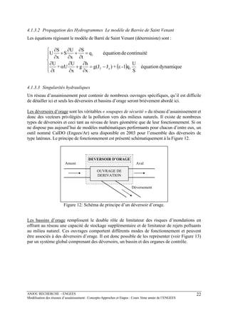 ANJOU RECHERCHE - ENGEES
Modélisation des réseaux d’assainissement : Concepts-Approches et Etapes : Cours 3ème année de l’ENGEES
22
4.1.3.2 Propagation des Hydrogrammes Le modèle de Barrée de Saint Venant
Les équations régissant le modèle de Barré de Saint Venant (déterministe) sont :
( )⎪
⎪
⎩
⎪⎪
⎨
⎧
ε−=
∂
∂
+
∂
∂
α
∂
∂
=
∂
∂
+
∂
∂
+
∂
∂
dynamiqueéquation
S
U
q1-+)Jg(J
x
h
g
x
U
U+
t
U
continuitédeéquationq
t
S
x
U
S
x
S
U
lef
l
4.1.3.3 Singularités hydrauliques
Un réseau d’assainissement peut contenir de nombreux ouvrages spécifiques, qu’il est difficile
de détailler ici et seuls les déversoirs et bassins d’orage seront brièvement abordé ici.
Les déversoirs d’orage sont les véritables « soupapes de sécurité » du réseau d’assainissement et
donc des vecteurs privilégiés de la pollution vers des milieux naturels. Il existe de nombreux
types de déversoirs et ceci tant au niveau de leurs géométrie que de leur fonctionnement. Si on
ne dispose pas aujourd’hui de modèles mathématiques performants pour chacun d’entre eux, un
outil nommé CalDO (Engees/Ar) sera disponible en 2003 pour l’ensemble des déversoirs de
type latéraux. Le principe de fonctionnement est présenté schématiquement à la Figure 12.
OUVRAGE DE
DERIVATION
Amont Aval
Déversement
DEVERSOIR D’ORAGE
Figure 12: Schéma de principe d’un déversoir d’orage.
Les bassins d’orage remplissent le double rôle de limitateur des risques d’inondations en
offrant au réseau une capacité de stockage supplémentaire et de limitateur de rejets polluants
au milieu naturel. Ces ouvrages comportent différents modes de fonctionnement et peuvent
être associés à des déversoirs d’orage. Il est donc possible de les représenter (voir Figure 13)
par un système global comprenant des déversoirs, un bassin et des organes de contrôle.
 