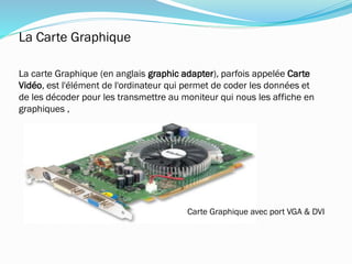La Carte Graphique
La carte Graphique (en anglais graphic adapter), parfois appelée Carte
Vidéo, est l'élément de l'ordinateur qui permet de coder les données et
de les décoder pour les transmettre au moniteur qui nous les affiche en
graphiques ,
Carte Graphique avec port VGA & DVI
 