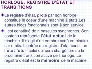 HORLOGE, REGISTRE D’ÉTAT ET
TRANSITIONS
Le registre d’état, piloté par son horloge,
constitue le coeur d’une machine à états.Les
autres blocs fonctionnels sont à son service.
Il est constitué de n bascules synchrones. Son
contenu représente l’état actuel de la
machine. Il s’agit d’un nombre codé en binaire
sur n bits. L’entrée du registre d’état constitue
l’état futur, celui qui sera chargé lors de la
prochaine transition active de l’horloge. Le
registre d’état est la mémoire de la machine.
 