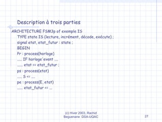(c) Hiver 2003, Rachid
Beguenane DSA-UQAC 27
Description à trois parties
ARCHITECTURE FSM3p of exemple IS
TYPE state IS (lecture, incrément, décode, exécute) ;
signal etat, etat_futur : state ;
BEGIN
Pr : process(horloge)
..... IF horloge'event ....
...... etat <= etat_futur ;
ps : process(etat)
..... S <= ....
pe : process(E, etat)
...... etat_futur <= ...
 