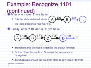 Sequential Circuit Design
38
After one more ‘1’, we have:
 C is the state obtained when
the input sequence has two ‘1’s.
Finally, after ‘110’ and a ‘1’, we have:
 Transition arcs are used to denote the output function
 Output ‘1’ on the arc from D means the sequence is
recognized
 To what state should the arc from state D go? recall 1101101
Example: Recognize 1101
(continued)
A B
1/0
A B
1/0
C
1/0 0/0
C
1/0
D
1/1
?
 