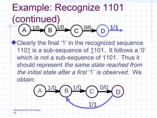 Sequential Circuit Design
39
Example: Recognize 1101
(continued)
Clearly the final ‘1’ in the recognized sequence
1101 is a sub-sequence of 1101. It follows a ‘0’
which is not a sub-sequence of 1101. Thus it
should represent the same state reached from
the initial state after a first ‘1’ is observed. We
obtain:
A B1/0
C
1/0 0/0
DA B1/0
C
1/0 0/0
1/1
D
1/1
 