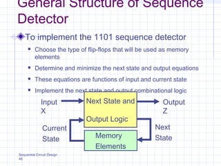 Sequential Circuit Design
48
General Structure of Sequence
Detector
To implement the 1101 sequence detector
 Choose the type of flip-flops that will be used as memory
elements
 Determine and minimize the next state and output equations
 These equations are functions of input and current state
 Implement the next state and output combinational logic
Next State and
Output Logic
Memory
Elements
Input
X
Output
Z
Next
State
Current
State
 