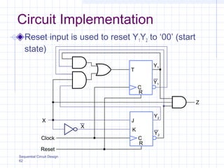 Sequential Circuit Design
62
Reset input is used to reset Y1Y2 to ‘00’ (start
state)
Circuit Implementation
Clock
T
J
C
R
Y2
Z
C
R
Y1
X
Reset
Y2
K
X
Y1
 