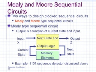 Sequential Circuit Design
66
Mealy and Moore Sequential
Circuits
Two ways to design clocked sequential circuits
 Mealy and Moore type sequential circuits
Mealy type sequential circuit
 Output is a function of current state and input
 Example: 1101 sequence detector discussed above
Next State and
Output Logic
Memory
Elements
Input
X
Output
Z
Next
State
Current
State
 