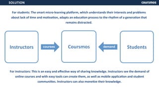 SOLUTION 
For 
students: 
The 
smart 
micro-­‐learning 
plaKorm, 
which 
understands 
their 
interests 
and 
problems 
about 
lack 
of 
Xme 
and 
moXvaXon, 
adapts 
an 
educaXon 
process 
to 
the 
rhythm 
of 
a 
generaXon 
that 
remains 
distracted. 
For 
instructors: 
This 
is 
an 
easy 
and 
effecXve 
way 
of 
sharing 
knowledge. 
Instructors 
see 
the 
demand 
of 
online 
courses 
and 
with 
easy 
tools 
can 
create 
them, 
as 
well 
as 
mobile 
applicaXon 
and 
student 
communiXes. 
Instructors 
can 
also 
moneXze 
their 
knowledge. 
Instructors 
courses Coursmos 
demand Students 
 