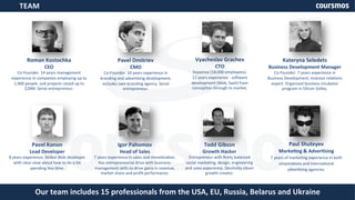 Roman 
Kostochka 
CEO 
Co-­‐Founder. 
14 
years 
management 
experience 
in 
companies 
employing 
up 
to 
1,400 
people. 
Led 
projects 
raised 
up 
to 
$28M. 
Serial 
entrepreneur. 
Pavel 
Konon 
Lead 
Developer 
8 
years 
experience. 
Skilled 
Web 
developer 
with 
clear 
view 
about 
how 
to 
do 
a 
lot 
spending 
less 
Lme. 
Pavel 
Dmitriev 
CMO 
Co-­‐Founder. 
10 
years 
experience 
in 
branding 
and 
adverLsing 
development, 
includes 
own 
branding 
agency. 
Serial 
entrepreneur. 
Vyacheslav 
Grachev 
CTO 
Svyaznoy 
(18,000 
employees). 
12 
years 
experience 
-­‐ 
soUware 
development 
(Web, 
SaaS) 
from 
concepLon 
through 
to 
market. 
Kateryna 
Seledets 
Business 
Development 
Manager 
Co-­‐Founder. 
7 
years 
experience 
in 
Business 
Development. 
Investor 
relaLons 
expert. 
Organized 
business 
incubator 
program 
in 
Silicon 
Valley. 
TEAM 
Todd 
Gibson 
Growth 
Hacker 
Entrepreneur 
with 
finely 
balanced 
social 
markeLng, 
design, 
engineering 
and 
sales 
experience. 
Devilishly 
clever 
growth 
creator. 
Igor 
Pahomov 
Head 
of 
Sales 
7 
years 
experience 
in 
sales 
and 
moneLzaLon. 
Has 
entrepreneurial 
drive 
with 
business-­‐ 
management 
skills 
to 
drive 
gains 
in 
revenue, 
market 
share 
and 
profit 
performance. 
Paul 
Shuteyev 
MarkeXng 
& 
AdverXsing 
7 
years 
of 
markeLng 
experience 
in 
both 
corporaLons 
and 
internaLonal 
adverLsing 
agencies. 
Our 
team 
includes 
15 
professionals 
from 
the 
USA, 
EU, 
Russia, 
Belarus 
and 
Ukraine 
 
