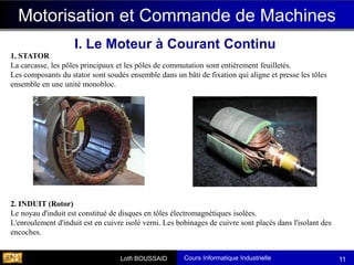 Cours Informatique Industrielle
Calculateurs Temps Réel
Lotfi BOUSSAID 11
Motorisation et Commande de Machines
1. STATOR
La carcasse, les pôles principaux et les pôles de commutation sont entièrement feuilletés.
Les composants du stator sont soudés ensemble dans un bâti de fixation qui aligne et presse les tôles
ensemble en une unité monobloc.
2. INDUIT (Rotor)
Le noyau d'induit est constitué de disques en tôles électromagnétiques isolées.
L'enroulement d'induit est en cuivre isolé verni. Les bobinages de cuivre sont placés dans l'isolant des
encoches.
I. Le Moteur à Courant Continu
 
