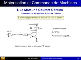 Cours Informatique Industrielle
Calculateurs Temps Réel
Lotfi BOUSSAID 28
3- Commande par relais 12V/10 ohms, un seul sens de rotation
La commande du relais se fait avec un "0" logique
Transistor Darlington :
Ex: TIP121
Pouvant fournir jusqu’à 5 A
Motorisation et Commande de Machines
Commande de Micromoteur à Courant Continu
I. Le Moteur à Courant Continu
 
