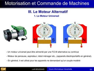 Cours Informatique Industrielle
Calculateurs Temps Réel
Lotfi BOUSSAID 53
Motorisation et Commande de Machines
III. Le Moteur Alternatif
1. Le Moteur Universel
- Un moteur universel peut être alimenté par une F.E.M alternative ou continue
- Moteur de perceuse, aspirateur, robot ménager etc...(appareils électroportatifs en général).
- En général, il est utilisé pour les appareils ne demandant qu'un couple modéré
 