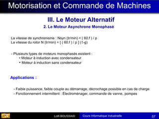 Cours Informatique Industrielle
Calculateurs Temps Réel
Lotfi BOUSSAID 57
Motorisation et Commande de Machines
III. Le Moteur Alternatif
2. Le Moteur Asynchrone Monophasé
La vitesse de synchronisme : Nsyn (tr/min) = ( 60.f ) / p
La vitesse du rotor N (tr/min) = [ ( 60.f ) / p ] (1-g)
- Plusieurs types de moteurs monophasés existent :
• Moteur à induction avec condensateur
• Moteur à induction sans condensateur
- Faible puissance, faible couple au démarrage, décrochage possible en cas de charge
- Fonctionnement intermittent : Électroménager, commande de vanne, pompes
Applications :
 