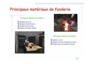 29
Principaux matériaux de fonderie
alliages de zinc ;
alliages d’aluminium ;
alliages de cuivres ;
fontes et fontes alliées.
Principaux alliages de fonderiePrincipaux alliages de fonderie
Principaux sables de fonderiePrincipaux sables de fonderie
sables à vert ;
sables à prise chimique à froid ;
Sables pour procédé croning.
 