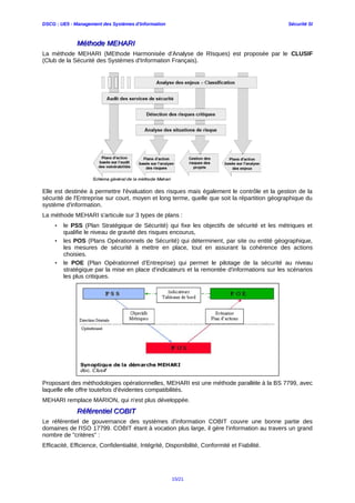 DSCG : UE5 - Management des Systèmes d'Information Sécurité SI
Méthode MEHARIMéthode MEHARI
La méthode MEHARI (MEthode Harmonisée d'Analyse de RIsques) est proposée par le CLUSIF
(Club de la Sécurité des Systèmes d'Information Français).
Elle est destinée à permettre l'évaluation des risques mais également le contrôle et la gestion de la
sécurité de l'Entreprise sur court, moyen et long terme, quelle que soit la répartition géographique du
système d'information.
La méthode MEHARI s'articule sur 3 types de plans :
• le PSS (Plan Stratégique de Sécurité) qui fixe les objectifs de sécurité et les métriques et
qualifie le niveau de gravité des risques encourus,
• les POS (Plans Opérationnels de Sécurité) qui déterminent, par site ou entité géographique,
les mesures de sécurité à mettre en place, tout en assurant la cohérence des actions
choisies.
• le POE (Plan Opérationnel d'Entreprise) qui permet le pilotage de la sécurité au niveau
stratégique par la mise en place d'indicateurs et la remontée d'informations sur les scénarios
les plus critiques.
Proposant des méthodologies opérationnelles, MEHARI est une méthode parallèle à la BS 7799, avec
laquelle elle offre toutefois d'évidentes compatibilités.
MEHARI remplace MARION, qui n'est plus développée.
Référentiel COBITRéférentiel COBIT
Le référentiel de gouvernance des systèmes d'information COBIT couvre une bonne partie des
domaines de l'ISO 17799. COBIT étant à vocation plus large, il gère l'information au travers un grand
nombre de "critères" :
Efficacité, Efficience, Confidentialité, Intégrité, Disponibilité, Conformité et Fiabilité.
15/21
 