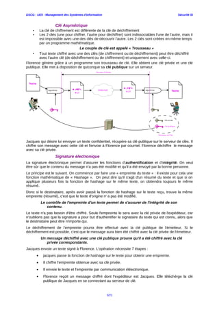 DSCG : UE5 - Management des Systèmes d'Information Sécurité SI
Clé Asymétrique
• La clé de chiffrement est différente de la clé de déchiffrement
• Les 2 clés (une pour chiffrer, l’autre pour déchiffrer) sont indissociables l’une de l’autre, mais il
est impossible avec une des clés de découvrir l’autre. Les 2 clés sont créées en même temps
par un programme mathématique.
Le couple de clé est appelé « Trousseau »
• Tout texte chiffré avec une des clés (de chiffrement ou de déchiffrement) peut être déchiffré
avec l’autre clé (de déchiffrement ou de chiffrement) et uniquement avec celle-ci.
Florence génère grâce à un programme son trousseau de clé. Elle obtient une clé privée et une clé
publique. Elle met à disposition de quiconque sa clé publique sur un serveur.
Jacques qui désire lui envoyer un texte confidentiel, récupère sa clé publique sur le serveur de clés. Il
chiffre son message avec cette clé et l'envoie à Florence par courriel. Florence déchiffre le message
avec sa clé privée.
Signature électronique
La signature électronique permet d’assurer les fonctions d’authentification et d’intégrité. On veut
être sûr que le contenu du message n'a pas été modifié et qu'il a été envoyé par la bonne personne.
Le principe est le suivant. On commence par faire une « empreinte du texte » : il existe pour cela une
fonction mathématique de « Hashage ». On peut dire qu'il s'agit d'un résumé du texte et que si on
applique plusieurs fois la fonction de hashage sur le même texte, on obtiendra toujours le même
résumé.
Donc si le destinataire, après avoir passé la fonction de hashage sur le texte reçu, trouve la même
empreinte (résumé), c'est que le texte d'origine n' a pas été modifié.
Le contrôle de l'empreinte d'un texte permet de s'assurer de l'intégrité de son
contenu.
Le texte n'a pas besoin d'être chiffré. Seule l'empreinte le sera avec la clé privée de l'expéditeur, car
n'oublions pas que la signature a pour but d'authentifier le signataire du texte qui est connu, alors que
le destinataire peut être n'importe qui.
Le déchiffrement de l'empreinte pourra être effectué avec la clé publique de l'émetteur. Si le
déchiffrement est possible, c'est que le message aura bien été chiffré avec la clé privée de l'émetteur.
Un message déchiffré avec une clé publique prouve qu'il a été chiffré avec la clé
privée correspondante.
Jacques envoie un texte signé à Florence. L'opération nécessite 7 étapes :
• jacques passe la fonction de hashage sur le texte pour obtenir une empreinte.
• Il chiffre l'empreinte obtenue avec sa clé privée.
• Il envoie le texte et l'empreinte par communication éléectronique.
• Florence reçoit un message chiffré dont l'expéditeur est Jacques. Elle téléchérge la clé
publique de Jacques en se connectant au serveur de clé.
5/21
 