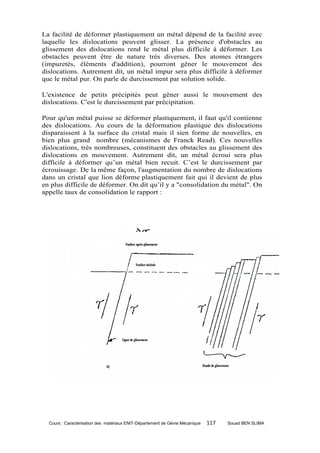 La facilité de déformer plastiquement un métal dépend de la facilité avec
laquelle les dislocations peuvent glisser. La présence d'obstacles au
glissement des dislocations rend le métal plus difficile à déformer. Les
obstacles peuvent être de nature très diverses. Des atomes étrangers
(impuretés, éléments d'addition), pourront gêner le mouvement des
dislocations. Autrement dit, un métal impur sera plus difficile à déformer
que le métal pur. On parle de durcissement par solution solide.

L'existence de petits précipités peut gêner aussi le mouvement des
dislocations. C'est le durcissement par précipitation.

Pour qu'un métal puisse se déformer plastiquement, il faut qu'il contienne
des dislocations. Au cours de la déformation plastique des dislocations
disparaissent à la surface du cristal mais il sien forme de nouvelles, en
bien plus grand nombre (mécanismes de Franck Read). Ces nouvelles
dislocations, très nombreuses, constituent des obstacles au glissement des
dislocations en mouvement. Autrement dit, un métal écroui sera plus
difficile à déformer qu’un métal bien recuit. C’est le durcissement par
écrouissage. De la même façon, l'augmentation du nombre de dislocations
dans un cristal que lion déforme plastiquement fait qui il devient de plus
en plus difficile de déformer. On dit qu’il y a "consolidation du métal". On
appelle taux de consolidation le rapport :




  Cours : Caractérisation des matériaux ENIT-Département de Génie Mécanique   117   Souad BEN SLIMA
 