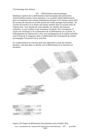 l’écrouissage des métaux.

                             (2) Déformation macroscopique
Quelques aspects de la déformation macroscopique des polymères
semicristallins mérite notre attention. Les courbes effort-déformation
pour un matériau non orienté initialement (Figure I-21) montre qu'au delà
du crochet de traction la courbe prend une forme presque horizontale. Au
crochet de traction il se forme une petite entaille dans la section utile de
l’éprouvette. Aux abords de cette entaille, les chaînes deviennent
orientées, ce qui conduit à une résistance localisée. Par conséquent, il
existe une résistance à la continuation de la déformation en ce point, et
l'allongement de l'éprouvette a lieu avec propagation de la région entaillée
tout le long de la longueur utile; le phénomène de l'orientation de chaîne
accompagne l'extension de la striction.

Ce comportement en traction peut être approché à celui des métaux
ductiles, sauf que dans ce dernier cas la déformation â la striction est
localisée.




Figure I-20: Étapes de déformation d'un polymère semi-cristallin. (Rej:
  Cours : Caractérisation des matériaux ENIT-Département de Génie Mécanique   127   Souad BEN
                                                SLIMA
 
