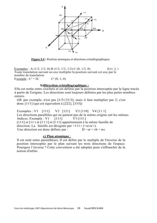 Figure I-4 : Position atomiques et directions cristallographiques


Exemples : A (1/2, 1/2, 0) B (1/2, 1/2, 1/2) C (0, 1/2, 0)            D (1, 2, 1
Toute translation suivant un axe multiplie la position suivant cet axe par le
nombre de translation
Exemple : C' = 2C          C' (0, 1, 0)

                    b)Direction cristallographique :
Elle est notée entre crochets et est définie par la position interceptée par la ligne tracée
à partir de l'origine. Les directions sont toujours définies par les plus petits nombres
entiers.
  OB, par exemple, n'est pas [1/21/21/2], mais il faut multiplier par 2; c'est
  donc [111] (qui est équivalent à [222], [333])

  Exemples : V1 [111]            V2 [121]      V3 [110] V4 [11 1]
  Les directions parallèles qui ne partent pas de la même origine ont les mêmes
  Indices. Exemple : V1         [111]        V'l [11ī ]
  [111] et [11 ī et [1 ī 1] et [ī 11] appartiennent à la même famille de
  direction. La famille est désignée par <111> (<uvw>).
  Une direction est donc définie par :              D = ut + vb + wc

                     c) Plan atomique :
  Il est noté entre parenthèses, Il est défini par le multiple de l'inverse de la
  position interceptée par le plan suivant les trois directions de l'espace.
  Pourquoi l’inverse ? Cette convention a été adoptée pour s'affranchir de la
  notion d'infini.




Cours de métallurgie, ENIT-Département de Génie Mécanique   14   Souad BEN SLIMA
 