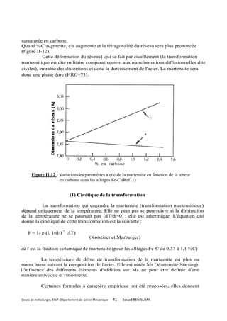 sursaturée en carbone.
Quand %C augmente, c/a augmente et la tétragonalité du réseau sera plus prononcée
(figure II-12).
           Cette déformation du réseau} qui se fait par cisaillement (la transformation
martensitique est dite militaire comparativement aux transformations diffusionnelles dite
civiles), entraîne des distorsions et donc le durcissement de l'acier. La martensite sera
donc une phase dure (HRC=73).




      Figure II-12 : Variation des paramètres a et c de la martensite en fonction de la teneur
                     en carbone dans les alliages Fe-C (Ref .1)


                               (1) Cinétique de la transformation

          La transformation qui engendre la martensite (transformation martensitique)
dépend uniquement de la température. Elle ne peut pas se poursuivre si la diminution
de la température ne se poursuit pas (dT/dt=0) : elle est athermique. L'équation qui
donne la cinétique de cette transformation est la suivante :

    F = 1- e-(l, 1610-2 ∆T)
                                            (Koistiner et Marburger)

où f est la fraction volumique de martensite (pour les alliages Fe-C de 0,37 à 1,1 %C)

          La température de début de transformation de la martensite est plus ou
moins basse suivant la composition de l'acier. Elle est notée Ms (Martensite Starting).
L'influence des différents éléments d'addition sur Ms ne peut être définie d'une
manière univoque et rationnelle.

            Certaines formules à caractère empirique ont été proposées, elles donnent

Cours de métallurgie, ENIT-Département de Génie Mécanique   41   Souad BEN SLIMA
 