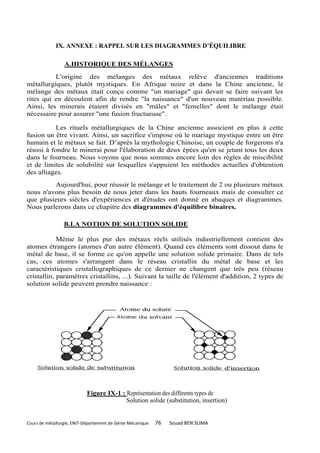 IX. ANNEXE : RAPPEL SUR LES DIAGRAMMES D’ÉQUILIBRE

                 A.HISTORIQUE DES MÉLANGES
          L'origine des mélanges des métaux relève d'anciennes traditions
métallurgiques, plutôt mystiques. En Afrique noire et dans la Chine ancienne, le
mélange des métaux était conçu comme "un mariage" qui devait se faire suivant les
rites qui en découlent afin de rendre "la naissance" d'un nouveau matériau possible.
Ainsi, les minerais étaient divisés en "mâles" et "femelles" dont le mélange était
nécessaire pour assurer "une fusion fructueuse".

           Les rituels métallurgiques de la Chine ancienne associent en plus à cette
fusion un être vivant. Ainsi, un sacrifice s'impose où le mariage mystique entre un être
humain et le métaux se fait. D’après la mythologie Chinoise, un couple de forgerons n'a
réussi à fondre le minerai pour l'élaboration de deux épées qu'en se jetant tous les deux
dans le fourneau. Nous voyons que nous sommes encore loin des règles de miscibilité
et de limites de solubilité sur lesquelles s'appuient les méthodes actuelles d'obtention
des alliages.
         Aujourd'hui, pour réussir le mélange et le traitement de 2 ou plusieurs métaux
nous n'avons plus besoin de nous jeter dans les hauts fourneaux mais de consulter ce
que plusieurs siècles d'expériences et d'études ont donné en abaques et diagrammes.
Nous parlerons dans ce chapitre des diagrammes d'équilibre binaires.

                 B.LA NOTION DE SOLUTION SOLIDE

            Même le plus pur des métaux réels utilisés industriellement contient des
atomes étrangers (atomes d'un autre élément). Quand ces éléments sont dissout dans le
métal de base, il se forme ce qu'on appelle une solution solide primaire. Dans de tels
cas, ces atomes s'arrangent dans le réseau cristallin du métal de base et les
caractéristiques cristallographiques de ce dernier ne changent que très peu (réseau
cristallin, paramètres cristallins, ...). Suivant la taille de l'élément d'addition, 2 types de
solution solide peuvent prendre naissance :




                            Figure IX-1 : Représentation des différents types de
                                          Solution solide (substitution, insertion)


Cours de métallurgie, ENIT-Département de Génie Mécanique   76   Souad BEN SLIMA
 