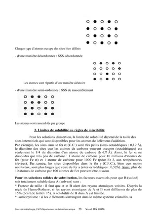Chaque type d’atomes occupe des sites bien définis

- d'une manière désordonnée : SSS désordonnée




       Les atomes sont répartis d’une manière aléatoire

- d'une manière semi-ordonnée : SSS de rassemblement




Les atomes sont rassemblés par groupe

                  3. Limites de solubilité ou règles de miscibilité

           Pour les solutions d'insertion, la limite de solubilité dépend de la taille des
sites interstitiels qui sont disponibles pour les atomes de l'élément d'addition.
Par exemple, les sites dans le fer α (C.C.) sont très petits (sites octaédriques : 0,19 Â),
le diamètre des sites que les atomes de carbone peuvent occuper (octaédriques) est
seulement le 1/4 du diamètre d'un atome de carbone (Φc =0,77 Â). Ainsi, le fer α ne
dissoudra que très peu de carbone : 1 atome de carbone pour 10 millions d'atomes de
fer (pour Fe α) et 1 atome de carbone pour 1000 Fe (pour Fe δ, aux températures
élevées). Par contre, les sites disponibles dans le fer γ (C.F.C.), bien que moins
nombreux, sont plus larges que ceux du fer a (sites octaédriques : 0,52Å). Ainsi, plus de
10 atomes de carbone par 100 atomes de Fer peuvent être dissous

Pour les solutions solides de substitution, les facteurs essentiels pour que B (soluté)
soit totalement soluble dans A (solvant) sont :
* Facteur de taille : il faut que A et B aient des rayons atomiques voisins. D'après la
règle de Hume-Rothery, si les rayons atomiques de A et B sont différents de plus de
15% (écart de taille> 15), la solubilité de B dans A est limitée.
* Isomorphisme : si les 2 éléments s'arrangent dans le même système cristallin, la


Cours de métallurgie, ENIT-Département de Génie Mécanique   79   Souad BEN SLIMA
 