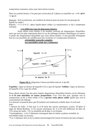 composition constantes, donc sans intervention externe.

Dans un système binaire, il ne peut pas exister plus de 3 phases en équilibre car : v=3 - φ≥ 0
=> φ ≤ 3

Exercice : Soit un métal pur, sur combien de facteurs peut-on jouer lors du passage du
liquide au solide ?
Réponse : v=1+1-2=0 (2 : phase liquide+phase solide). La transformation se fait à température
constante.
               2. les différents types de diagramme binaires
           Nous allons nous limiter à un nombre restreint de diagrammes d'équilibre,
mais qui sont les plus importants dans le cas de mélanges binaires métalliques ou autres.
A partir des diagrammes d'équilibre que nous allons étudier, il sera possible d'imaginer
tous les cas possibles de solidification des systèmes à 2 composants (binaires).
                      a)Solubilité mutuelle complète
                      (ou miscibilité totale des 2 éléments)




                Figure IX-3 : Diagramme à fuseau (miscibilité totale de A dans B)

Liquidus : ligne au dessus de laquelle il n'y a que du liquide. Solidus : ligne au dessous
de laquelle il n'y a que du solide.

Nous allons choisir l'un des plus simples diagrammes d'équilibre binaire où les éléments
A et B sont miscibles en toutes proportions. Ceci veut dire que, quelque soit la
composition en B, à l'état solide il n'y a qu'une seule phase solide quelle que soit la
concentration de l'alliage.
Les facteurs essentiels pour que B (soluté) soit totalement soluble dans A (solvant)
sont :
* Facteur de taille : il faut que A et B aient des rayons atomiques voisins. D’après la
règle de Hume-Rothery, si les rayons atomiques de A et B sont différents de plus de
15% (écart de taille> 15), la solubilité de B dans A est limitée.
* Isomorphisme : si les 2 éléments s'arrangent dans le même système cristallin, la
miscibilité totale est assurée.
* Les 2 éléments doit avoir la même électronégativité (sinon la liaison devient ionique)


Cours de métallurgie, ENIT-Département de Génie Mécanique   83   Souad BEN SLIMA
 