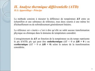 20
La méthode consiste à mesurer la différence de température ∆T entre un
échantillon et une substance de référence, tous deux soumis à une même loi
d'échauffement ou de refroidissement généralement linéaire.
La référence est « inerte » c’est à dire qu’elle ne subit aucune transformation
physique ou chimique dans le domaine de température considéré.
L'enregistrement de ∆T en fonction de la température ou du temps représente
le pic d'ATD, pic qui peut être endothermique (∆T < 0 et ∆H > 0 ) ou
exothermique (∆T > 0 et ∆H < 0) selon la nature de la transformation
considérée.
II. Analyse thermique différentielle (ATD)
II.1) Appareillage - Principe
 