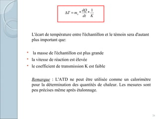 L'écart de température entre l'échantillon et le témoin sera d'autant
plus important que:
 la masse de l'échantillon est plus grande
 la vitesse de réaction est élevée
 le coefficient de transmission K est faible
Remarque : L'ATD ne peut être utilisée comme un calorimètre
pour la détermination des quantités de chaleur. Les mesures sont
peu précises même après étalonnage.
26
Kdt
dQ
mT o
1
**=∆
 