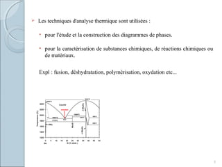  Les techniques d'analyse thermique sont utilisées :
• pour l'étude et la construction des diagrammes de phases.
• pour la caractérisation de substances chimiques, de réactions chimiques ou
de matériaux.
Expl : fusion, déshydratation, polymérisation, oxydation etc...
5
 