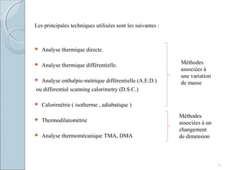 Les principales techniques utilisées sont les suivantes :
 Analyse thermique directe.
 Analyse thermique différentielle.
 Analyse enthalpie-métrique différentielle (A.E.D.)
ou differential scanning calorimetry (D.S.C.)
 Calorimétrie ( isotherme , adiabatique )
 Thermodilatométrie
 Analyse thermomécanique TMA, DMA
6
Méthodes
associées à
une variation
de masse
Méthodes
associées à un
changement
de dimension
 